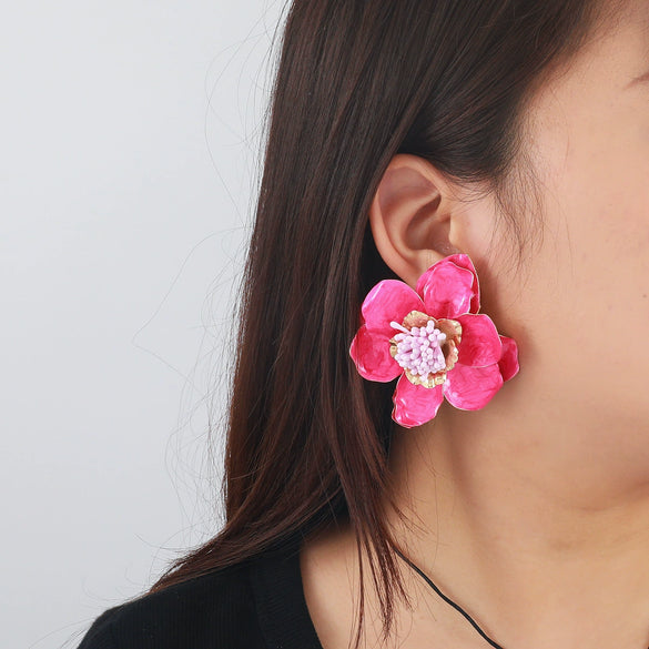 Dopamine Rose Red Women's Exaggerated Highend Earrings Zinc Alloy Flower Electroplated