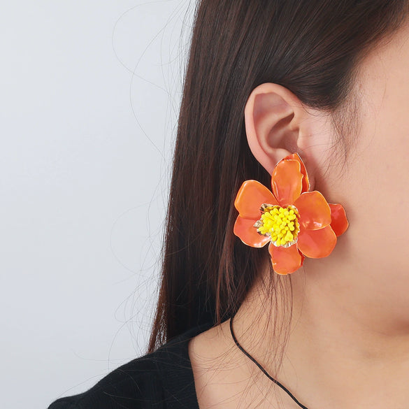 Dopamine Rose Red Women's Exaggerated Highend Earrings Zinc Alloy Flower Electroplated