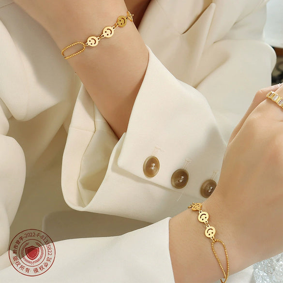 Double Chain Geometric Smiley Bracelet For Women Electroplated Titanium Steel Minimalist Jewelry