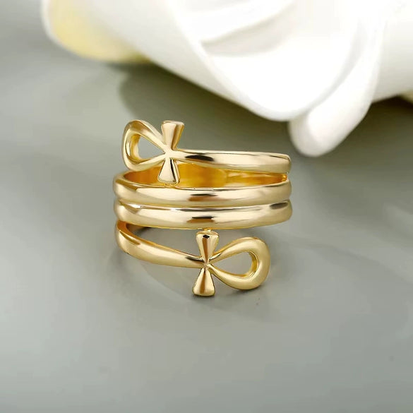 Double Coil Cross Ring Copper 18K Gold Plated Geometric Style Jewelry For Men And Women