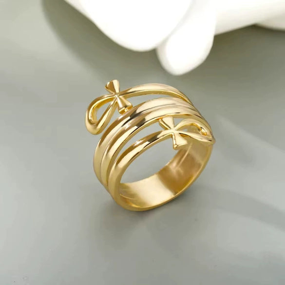 Double Coil Cross Ring Copper 18K Gold Plated Geometric Style Jewelry For Men And Women