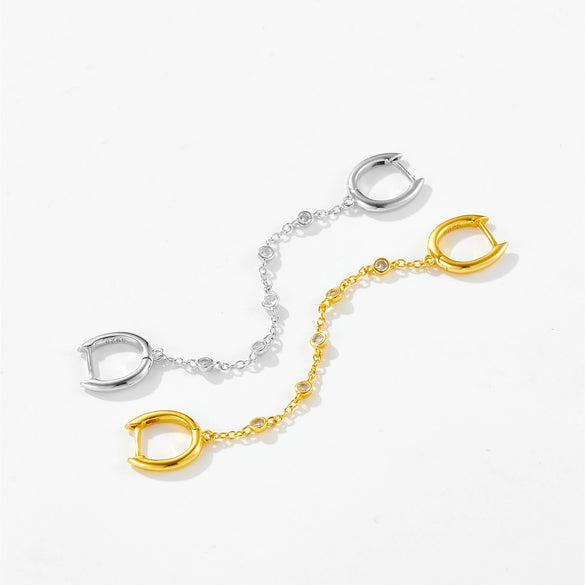 Double Ear Holes S925 Sterling Silver Circle Earrings With Chain Pendant And Ear Buckle U Shape Platinum Or 18K Gold Electroplated For Women