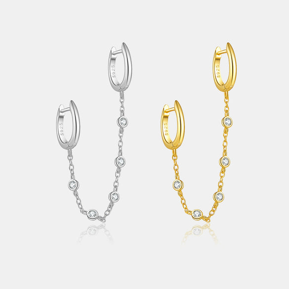 Double Ear Holes S925 Sterling Silver Circle Earrings With Chain Pendant And Ear Buckle U Shape Platinum Or 18K Gold Electroplated For Women