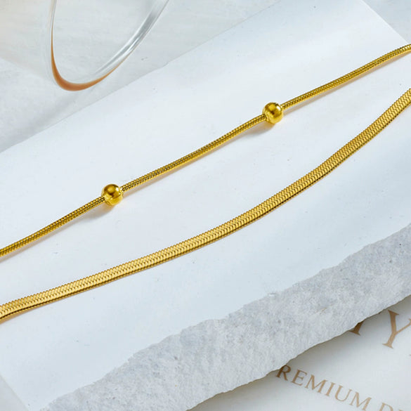 Double Layer Anklet With Flat Snake Bone And Beads Geometric Pattern Titanium Steel Unisex Bare Chain Internet Celebrity Fashion Water Touchable