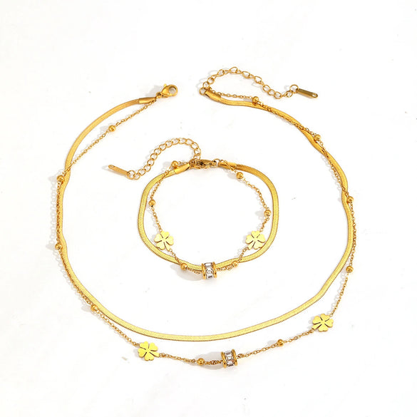 Double Layer Bead Four Leaf Flower Women's Jewelry Set With Stainless Steel And Titanium Steel Blades Set With Diamonds