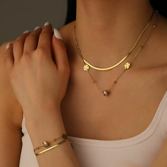 Double Layer Bead Four Leaf Flower Women's Jewelry Set With Stainless Steel And Titanium Steel Blades Set With Diamonds