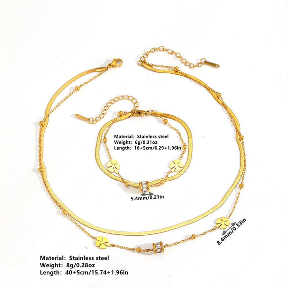 Double Layer Bead Four Leaf Flower Women's Jewelry Set With Stainless Steel And Titanium Steel Blades Set With Diamonds