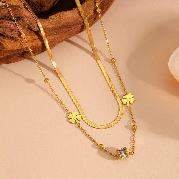 Double Layer Bead Four Leaf Flower Women's Jewelry Set With Stainless Steel And Titanium Steel Blades Set With Diamonds