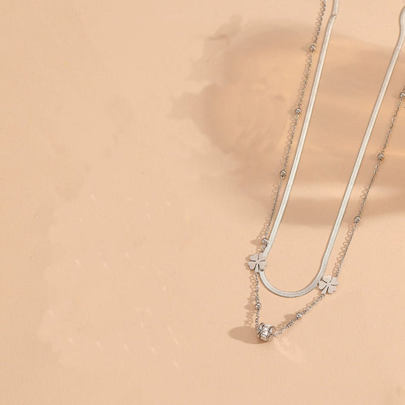 Double Layer Bead Four Leaf Flower Women's Jewelry Set With Stainless Steel And Titanium Steel Blades Set With Diamonds