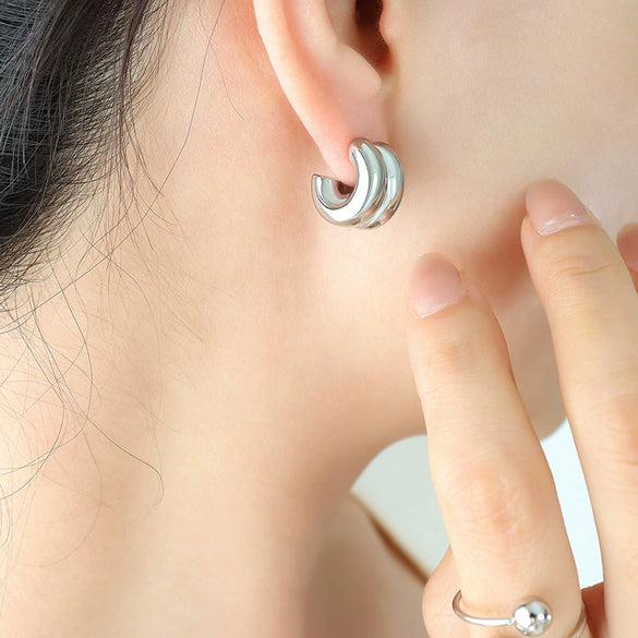 Double Layer C Shaped Half Ring Mirror Earrings For Women Titanium Steel 18K Gold Plated Geometric Style Electroplated