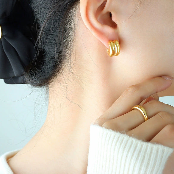 Double Layer C Shaped Half Ring Mirror Earrings For Women Titanium Steel 18K Gold Plated Geometric Style Electroplated