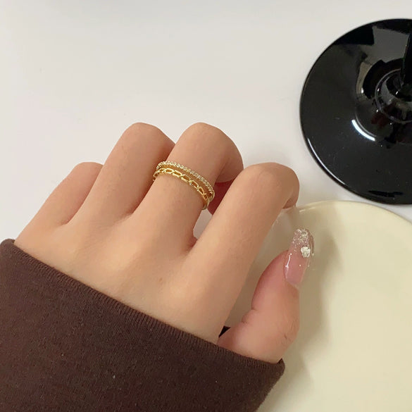 Double Layer Chain Row Drill Opening Ring Light Luxury Copper Finger And Tail Ring With Geometric Design And Electroplating