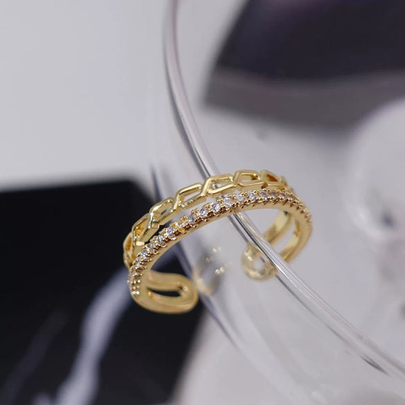 Double Layer Chain Row Drill Opening Ring Light Luxury Copper Finger And Tail Ring With Geometric Design And Electroplating