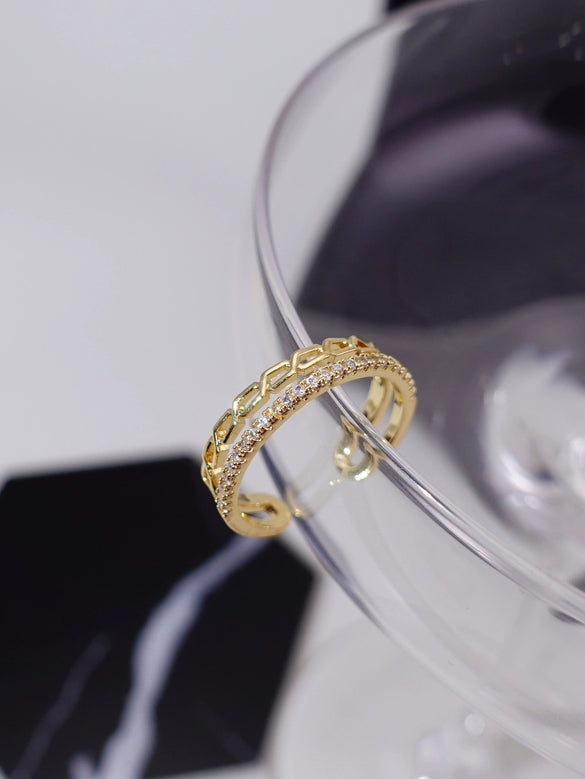 Double Layer Chain Row Drill Opening Ring Light Luxury Copper Finger And Tail Ring With Geometric Design And Electroplating
