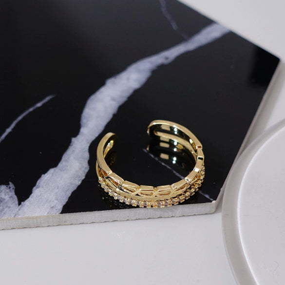 Double Layer Chain Row Drill Opening Ring Light Luxury Copper Finger And Tail Ring With Geometric Design And Electroplating
