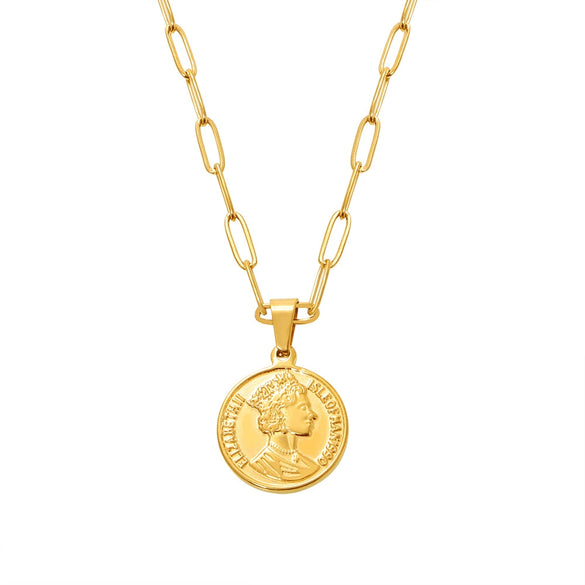 Double Layer Clavicle Necklace With Queen Elizabeth Image Stainless Steel 18K Gold Plated Geometric Design