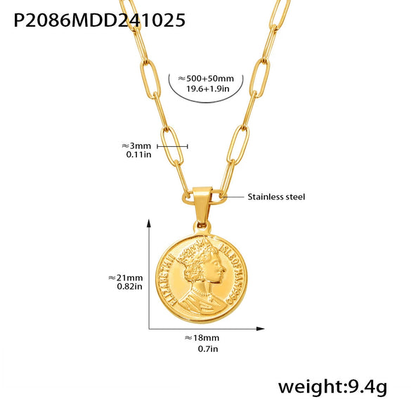 Double Layer Clavicle Necklace With Queen Elizabeth Image Stainless Steel 18K Gold Plated Geometric Design