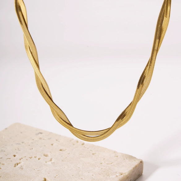 Double Layer Cross Flat Snake Chain Necklace For Women Stainless Steel Pvdp Furnace Real Gold Plated Geometric Style