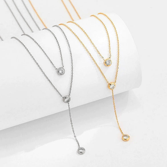 Double Layer Diamond Encrusted Women's Light Luxury Niche Stacked Y Shaped Titanium Steel Necklace With Electroplating And Geometric Design