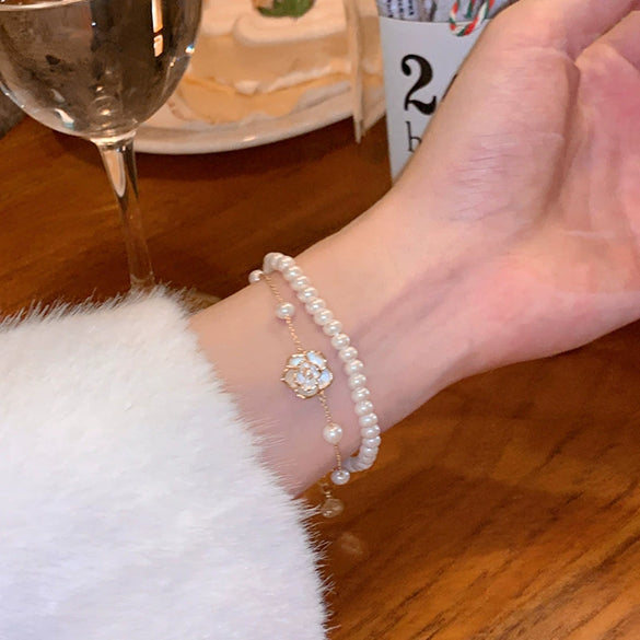 Double Layer Imitation Pearl Camellia Handmade Bracelet For Women Light Luxury Elegant Fashion Niche Jewelry