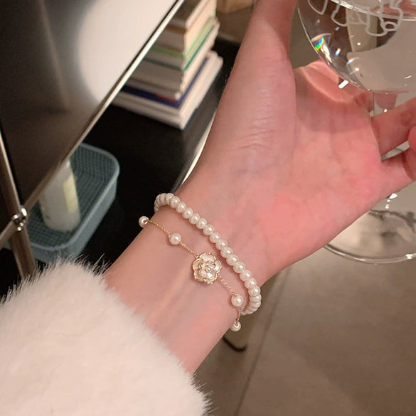 Double Layer Imitation Pearl Camellia Handmade Bracelet For Women Light Luxury Elegant Fashion Niche Jewelry