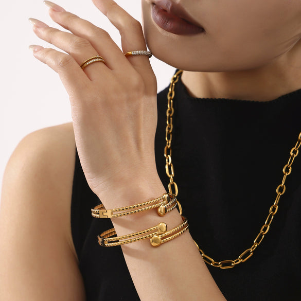 Double Layer Open Bracelet Stainless Steel Light Luxury Geometric Furnace Vacuum Plating 18K Real Gold Non Fading