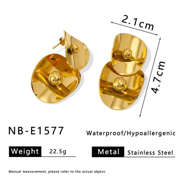 Double Layer Pendant Oval Oversized Round Curved Stainless Steel Earrings For Ladies With Geometric Pattern And 18K Furnace Vacuum Plating