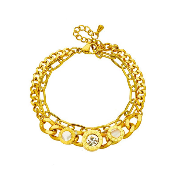 Double Layer Round Shell Rhinestone Titanium Steel Retro Fashion Women's Bracelet With Electroplating Treatment