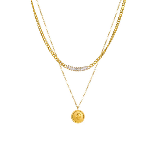 Double Layer Stacked Portrait Round Coin Pendant Titanium Steel Chain Bracelet Necklace Electroplated Women's