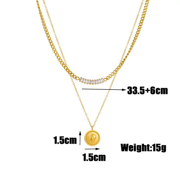 Double Layer Stacked Portrait Round Coin Pendant Titanium Steel Chain Bracelet Necklace Electroplated Women's