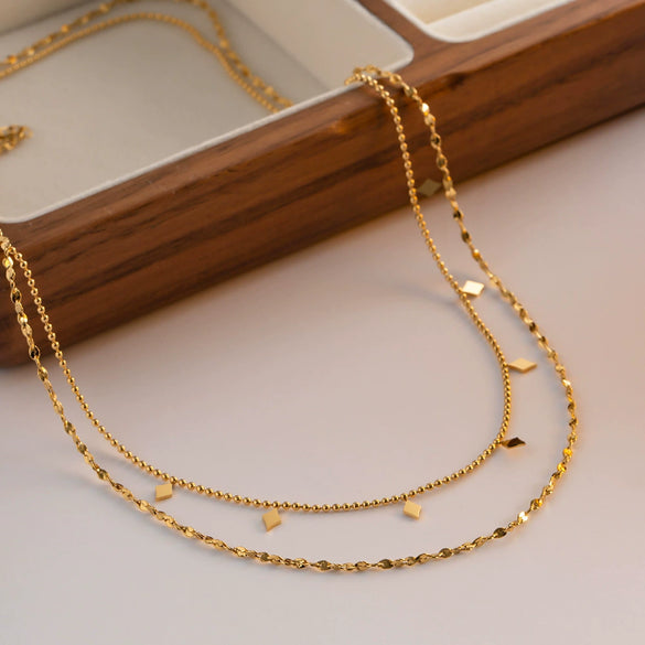 Double Layer Stacked Tassel Necklace Stainless Steel Geometric Electroplating Women's