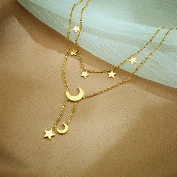Double Layer Stacked Titanium Steel Star Moon Necklace With Electroplating For Women Geometric Design Light Luxury Niche Style
