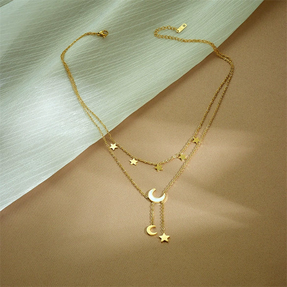 Double Layer Stacked Titanium Steel Star Moon Necklace With Electroplating For Women Geometric Design Light Luxury Niche Style