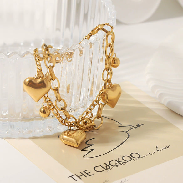 Double Layer Stainless Steel Hollow Heart Pendant Electroplated Fashion All Match Non Fading Women's Bracelet