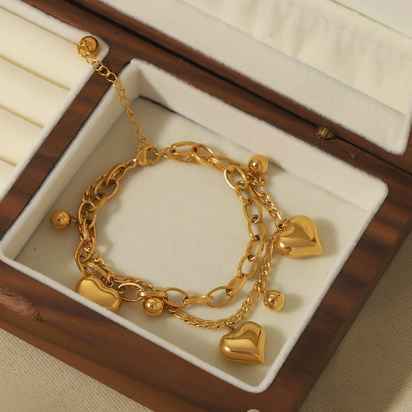 Double Layer Stainless Steel Hollow Heart Pendant Electroplated Fashion All Match Non Fading Women's Bracelet