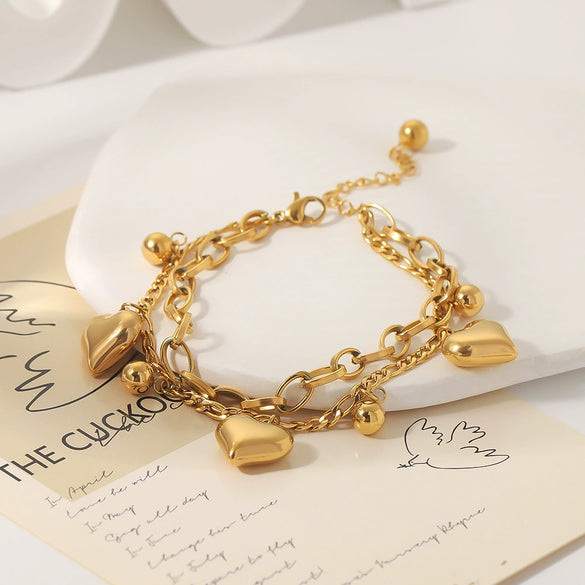 Double Layer Stainless Steel Hollow Heart Pendant Electroplated Fashion All Match Non Fading Women's Bracelet