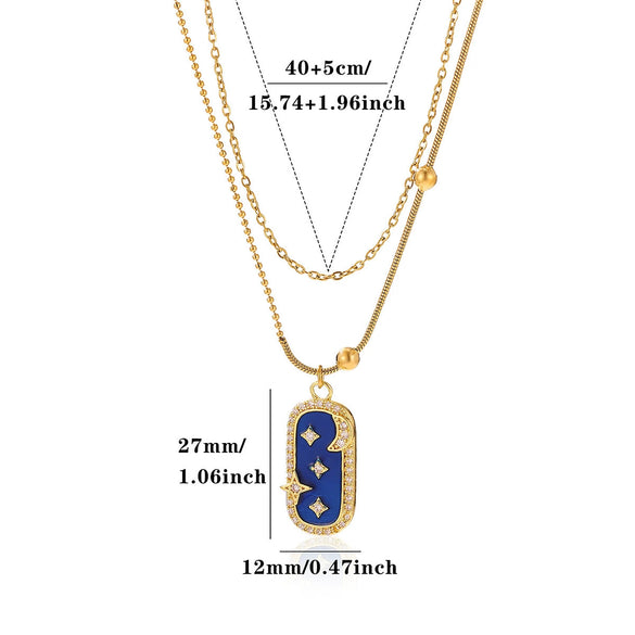 Double Layer Star And Moon Square Necklace With Blue Diamond Shaped Pendant Stainless Steel Bohemian Jewelry Set With Bracelet And Oil Drop Finish