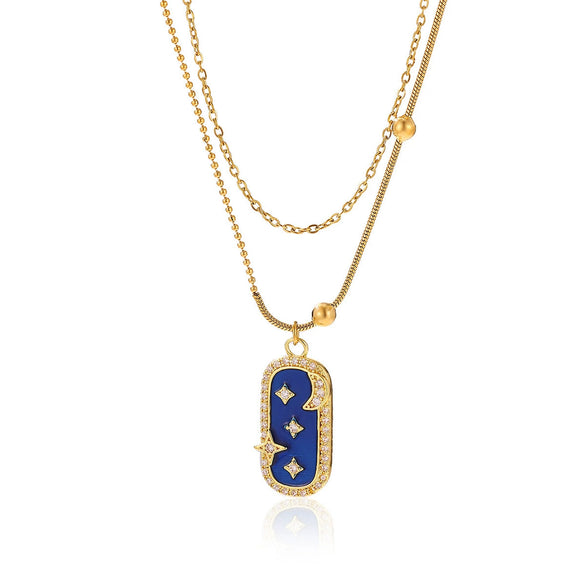 Double Layer Star And Moon Square Necklace With Blue Diamond Shaped Pendant Stainless Steel Bohemian Jewelry Set With Bracelet And Oil Drop Finish