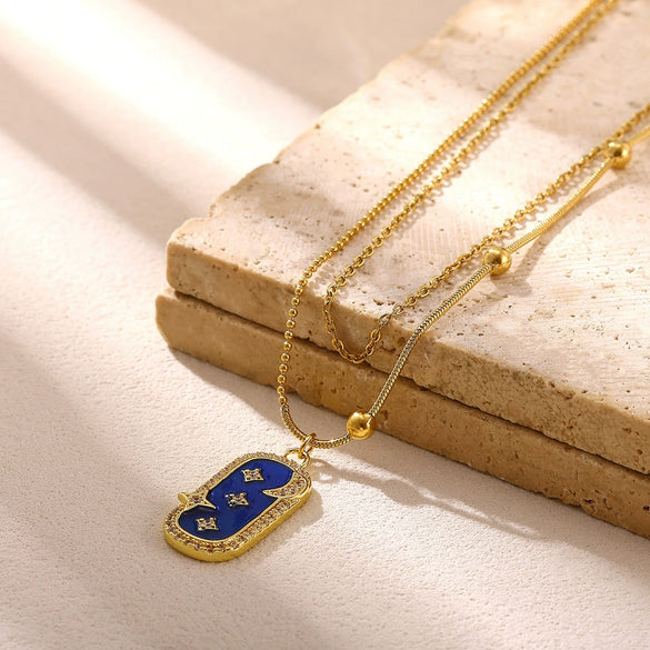 Double Layer Star And Moon Square Necklace With Blue Diamond Shaped Pendant Stainless Steel Bohemian Jewelry Set With Bracelet And Oil Drop Finish