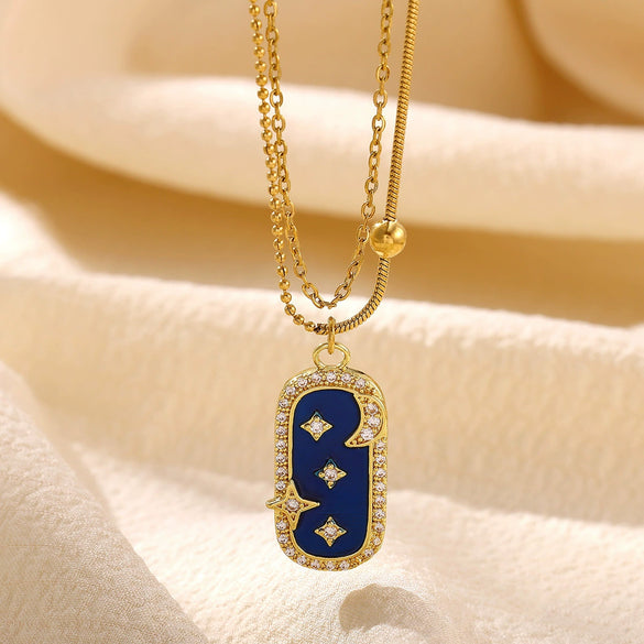 Double Layer Star And Moon Square Necklace With Blue Diamond Shaped Pendant Stainless Steel Bohemian Jewelry Set With Bracelet And Oil Drop Finish