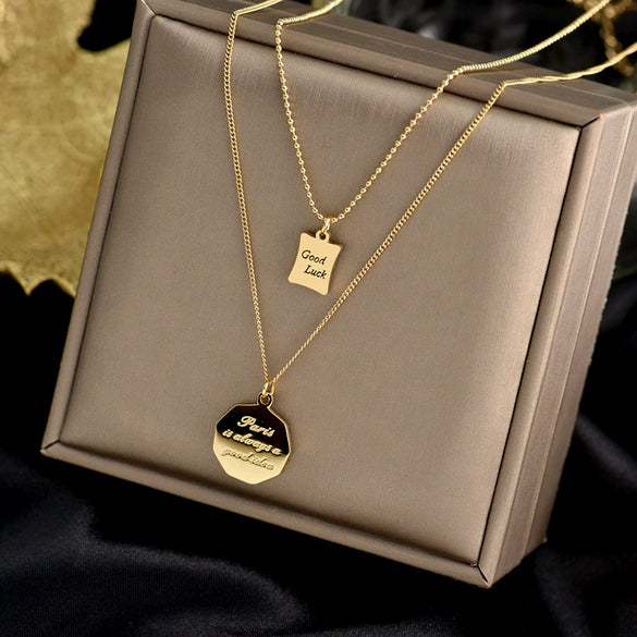 Double Layer Sweater Chain Hip Hop Cyber Clavicle Chain Titanium Steel Necklace For Women With Electroplating And Geometric Letters Numbers Text Pattern