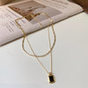 Double Layer Titanium Steel Blade Chain Necklace With Black Square Drop Pendant Elegant Minimalist Clavicle Chain For Women