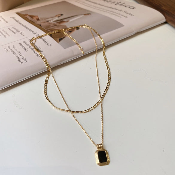 Double Layer Titanium Steel Blade Chain Necklace With Black Square Drop Pendant Elegant Minimalist Clavicle Chain For Women