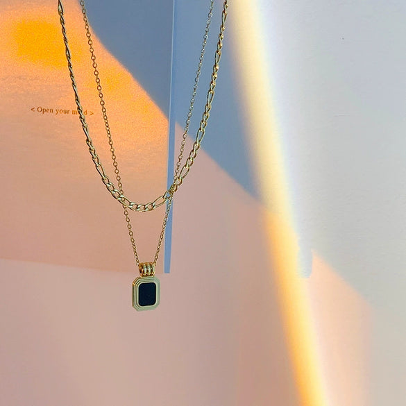 Double Layer Titanium Steel Blade Chain Necklace With Black Square Drop Pendant Elegant Minimalist Clavicle Chain For Women
