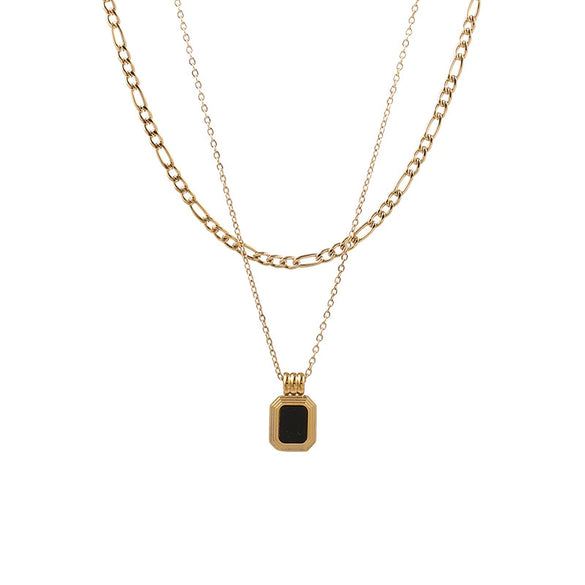 Double Layer Titanium Steel Blade Chain Necklace With Black Square Drop Pendant Elegant Minimalist Clavicle Chain For Women