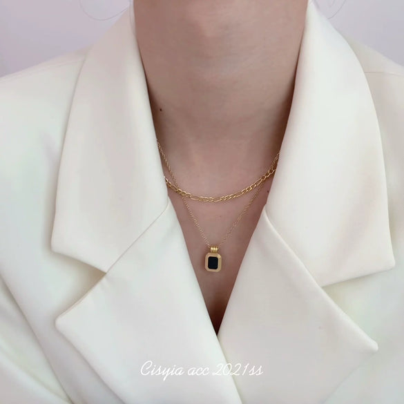 Double Layer Titanium Steel Blade Chain Necklace With Black Square Drop Pendant Elegant Minimalist Clavicle Chain For Women