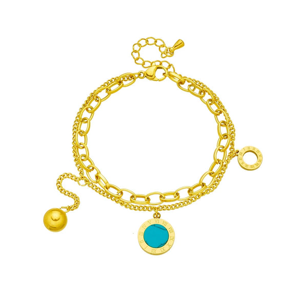 Double Layer Titanium Steel Chain With Roman Round Turquoise Pendant Electroplated Women's Jewelry Bracelet