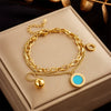 Double Layer Titanium Steel Chain With Roman Round Turquoise Pendant Electroplated Women's Jewelry Bracelet