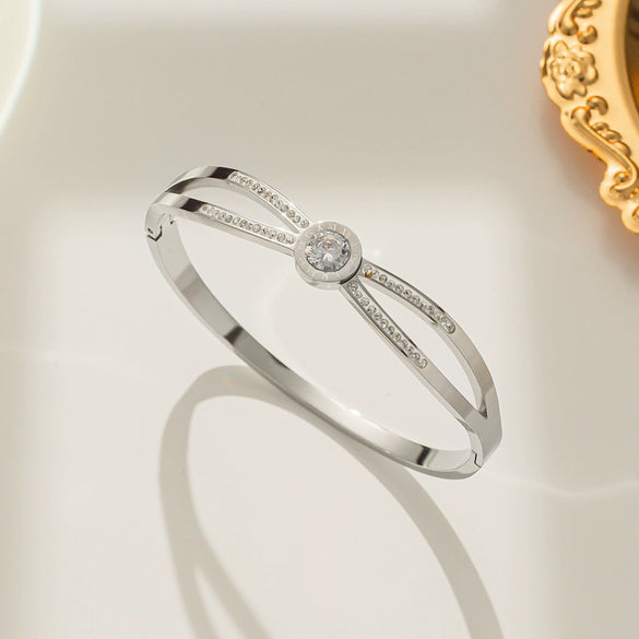 Double Ring Double Diamond Zircon Geometric Rose Gold Electroplated Titanium Steel Women's Bracelet