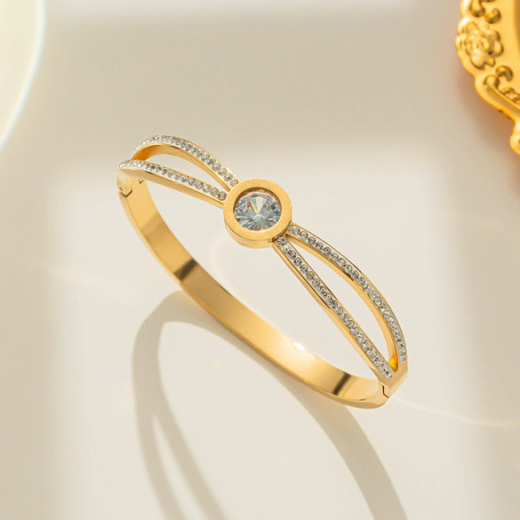Double Ring Double Diamond Zircon Geometric Rose Gold Electroplated Titanium Steel Women's Bracelet